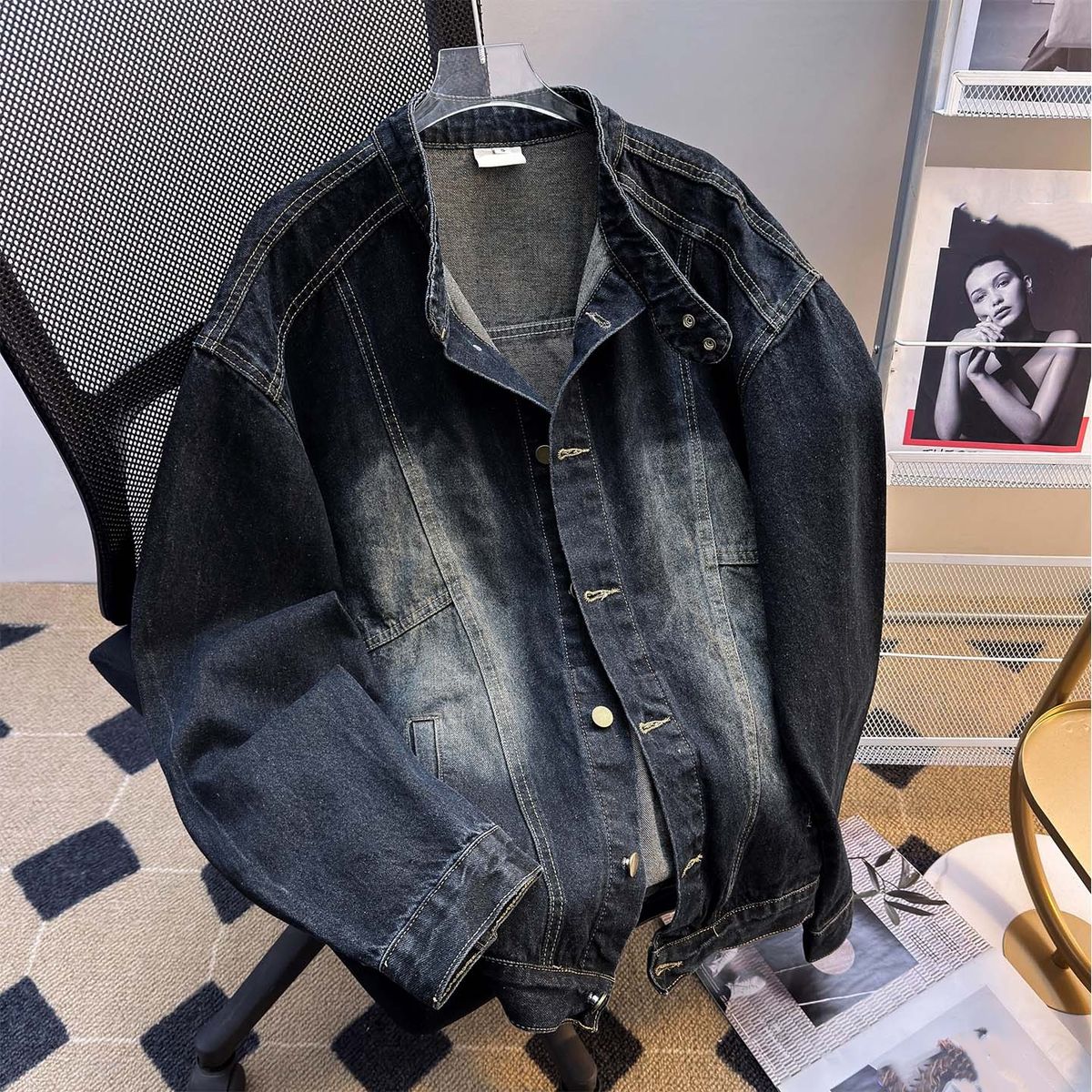 Men's Streetwear Denim Jacket – Oversized Washed Cotton With Stand Collar (S-3XL) – Retro Loose Fit For Spring/Fall_mkmklike.com