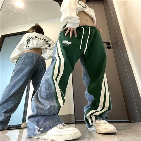 Unisex High-Street Cargo Pants – Oversized Straight-Leg Jeans With Adjustable Drawstring (M-2XL, Black/Green)_mkmklike.com