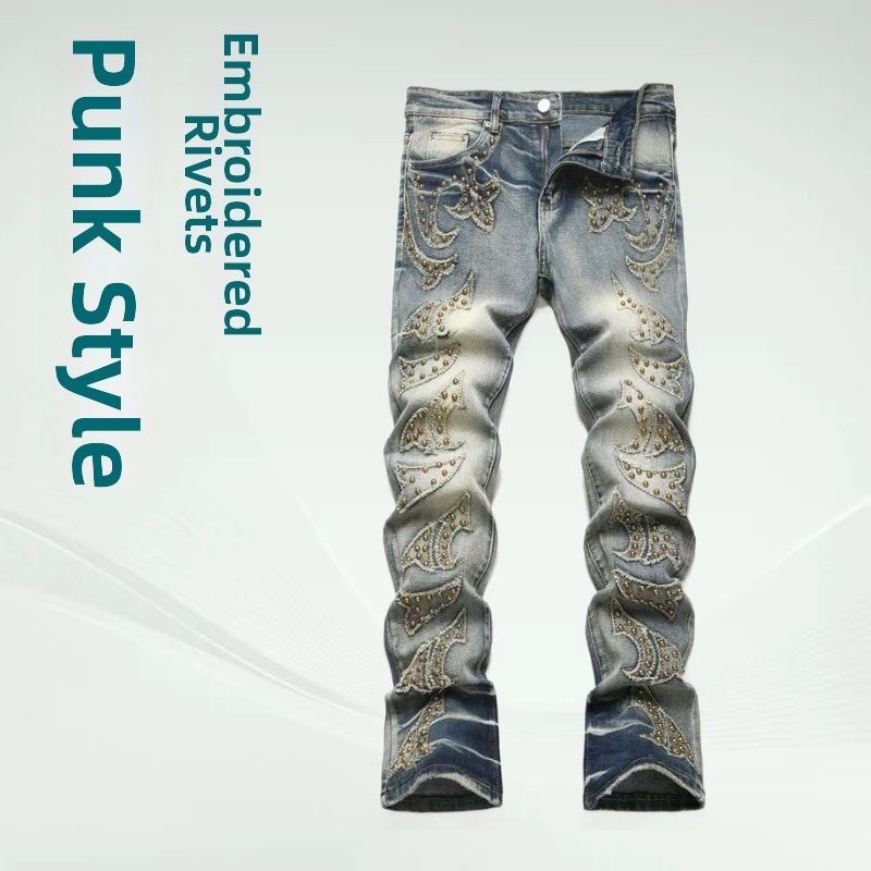 High Street Punk Style Embroidered Studded Men's Jeans Slim Fit Flared Distressed Trendy Long Pants New 2026_mkmklike.com