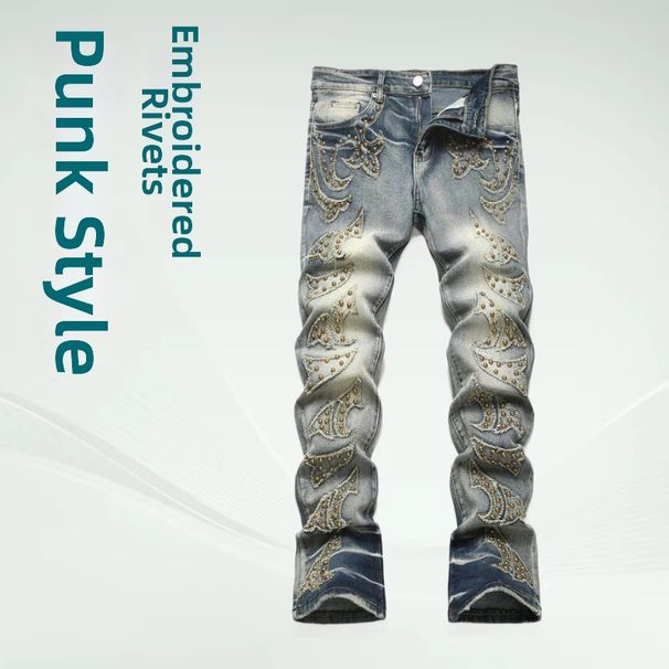 High Street Punk Style Embroidered Studded Men's Jeans Slim Fit Flared Distressed Trendy Long Pants New 2026_mkmklike.com