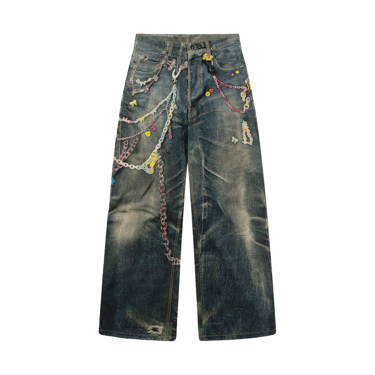Candy Chain 3D Digital Printing Flower Men And Women Loose Straight Jeans_mkmklike.com