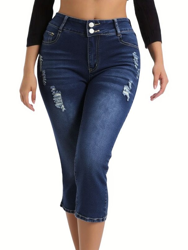 Women's Stretch High-Waisted Cropped Jeans – Slim Fit Denim Capri With Pocket Detail (Dark Blue, S-XL, Comfortable Plus Size Summer Pants)_mkmklike.com