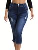Women's Stretch High-Waisted Cropped Jeans – Slim Fit Denim Capri With Pocket Detail (Dark Blue, S-XL, Comfortable Plus Size Summer Pants)_mkmklike.com