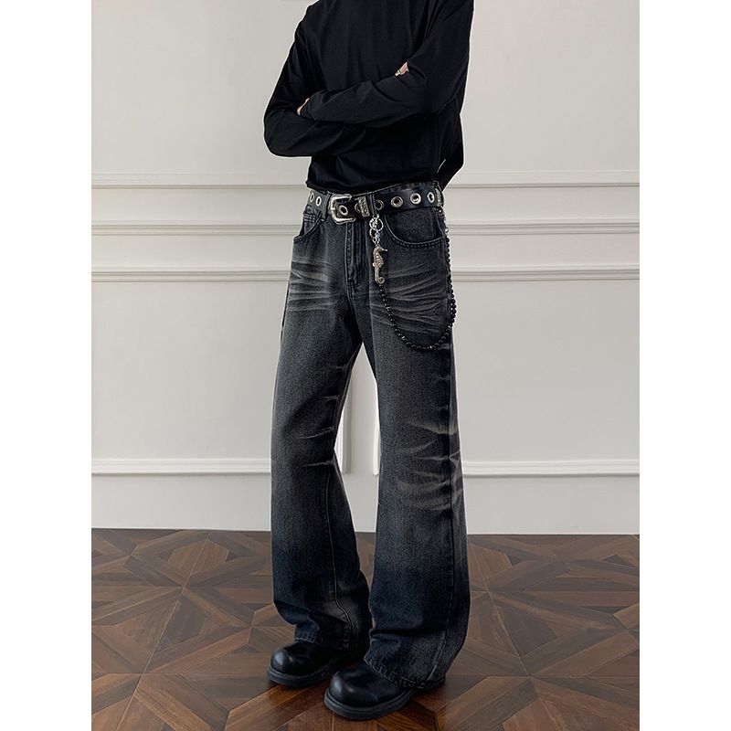 Cleanfit Men's Autumn Cat-ear Gradient Jeans, Niche Design Pants, American Retro Straight-leg Flared Jeans_mkmklike.com