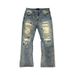 Men's Retro Patchwork Ripped Jeans High Street Style Distressed Finish Knife Cut Splatter Paint Dirty Wash Design Blue mid Waist_mkmklike.com