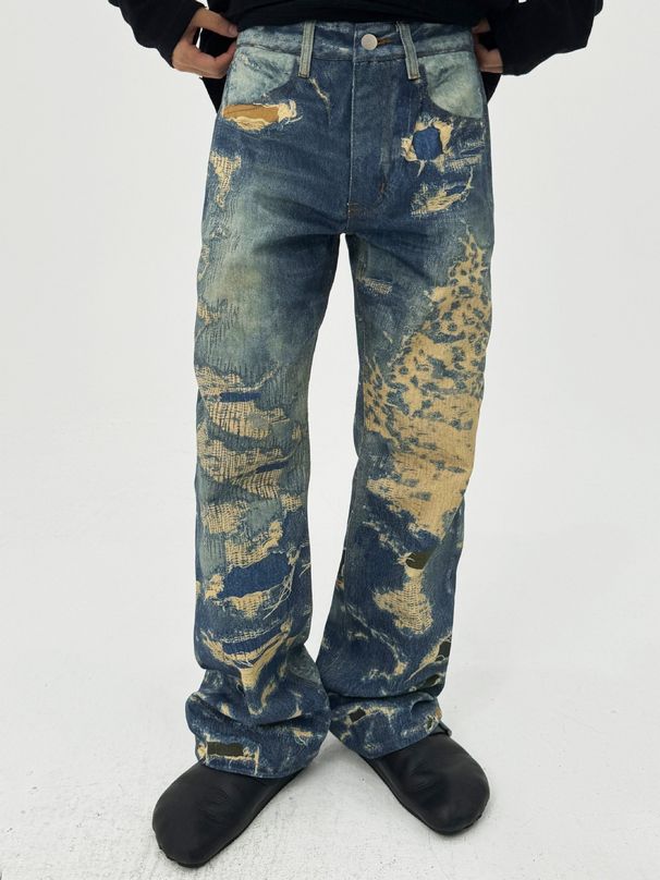 Men's Clothing Men's Vintage Denim Jeans Spring Summer Low Rise Tapered Leg Casual Fit Digital Print Boro Distressed Washed Redesigned_mkmklike.com