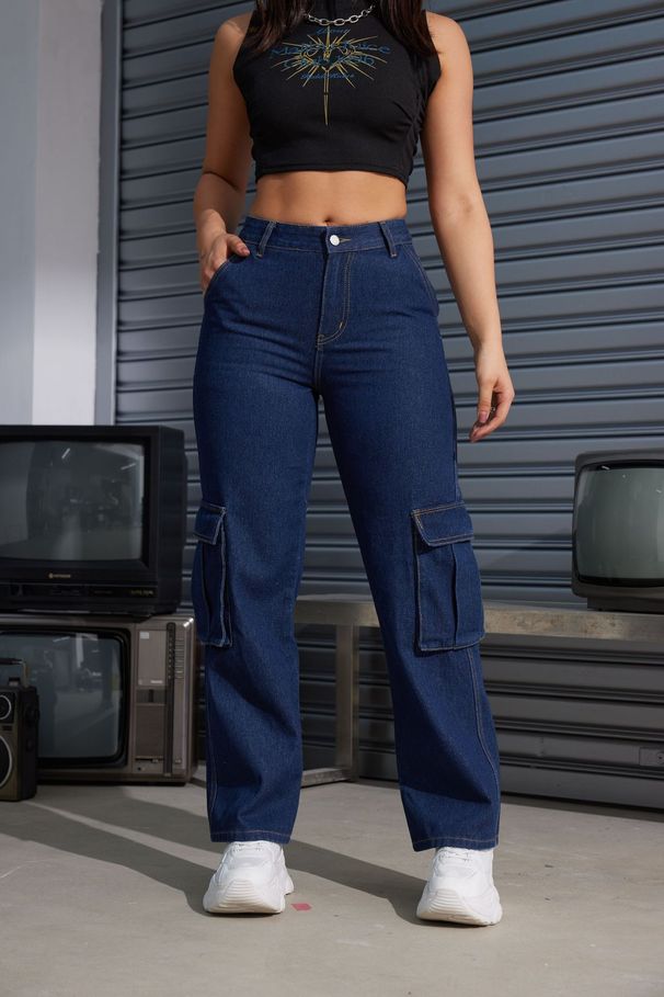 Women's High Waist Cargo Jeans – Vintage Washed Denim Pants With Utility Pockets (90% Cotton, Relaxed Fit, Streetwear Style)_mkmklike.com