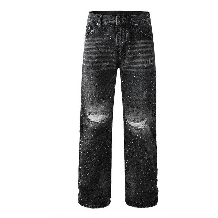 Men's Rhinestone Jeans Straight Loose Fit Casual Denim Pants With Flashy Studs For Daily Wear Relaxed Straight Fit_mkmklike.com