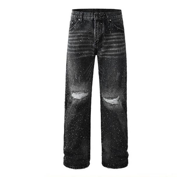 Men's Rhinestone Jeans Straight Loose Fit Casual Denim Pants With Flashy Studs For Daily Wear Relaxed Straight Fit_mkmklike.com