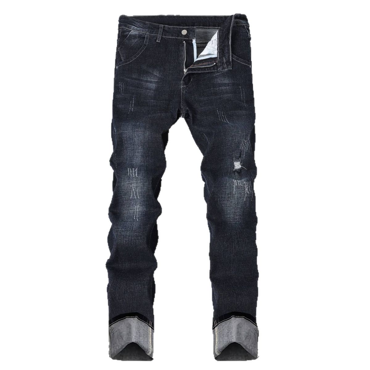Men's Stretchy, Stylish Black Jeans With A Multi Layered Design, Slim Fit, Straight Leg, Suitable For All Seasons._mkmklike.com