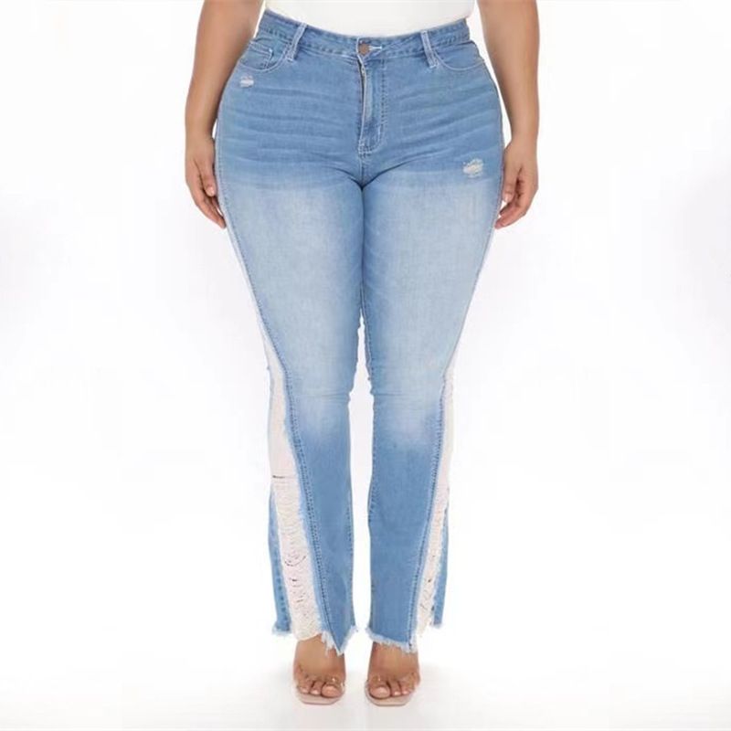 Women's Distressed High Waist Bootcut Jeans - Light Blue Stretch Denim Pants With Raw Hem Detail, Plus Size Available_mkmklike.com