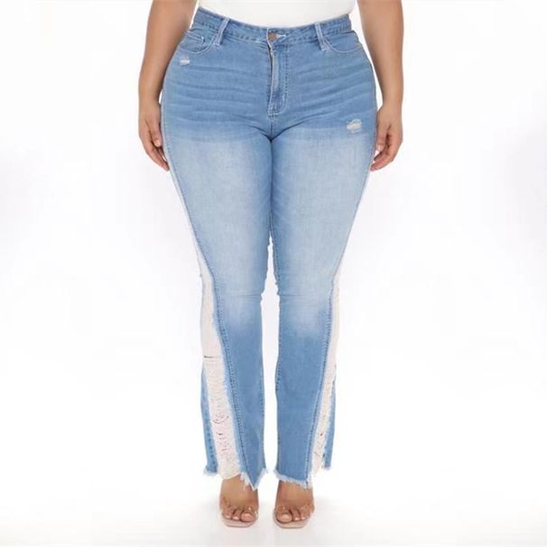 Women's Distressed High Waist Bootcut Jeans - Light Blue Stretch Denim Pants With Raw Hem Detail, Plus Size Available_mkmklike.com