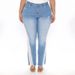 Women's Distressed High Waist Bootcut Jeans - Light Blue Stretch Denim Pants With Raw Hem Detail, Plus Size Available_mkmklike.com