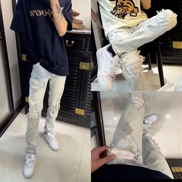 Men's Clothing Ripped Patch Jeans Men's Slim Fit Patchwork Ripped Jeans With Stretch - Trendy Distressed Denim Pants For Casual Wear_mkmklike.com
