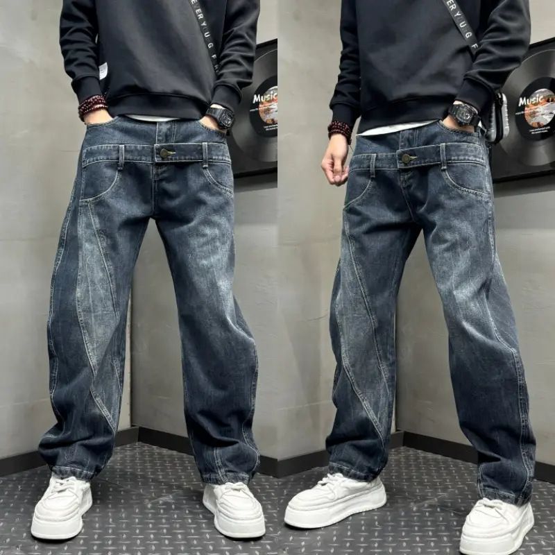 Men's Clothing Retro Patchwork Men's Jeans Trendy Loose Fit Straight Leg Cool Casual Wide Leg Curved Blade Design_mkmklike.com
