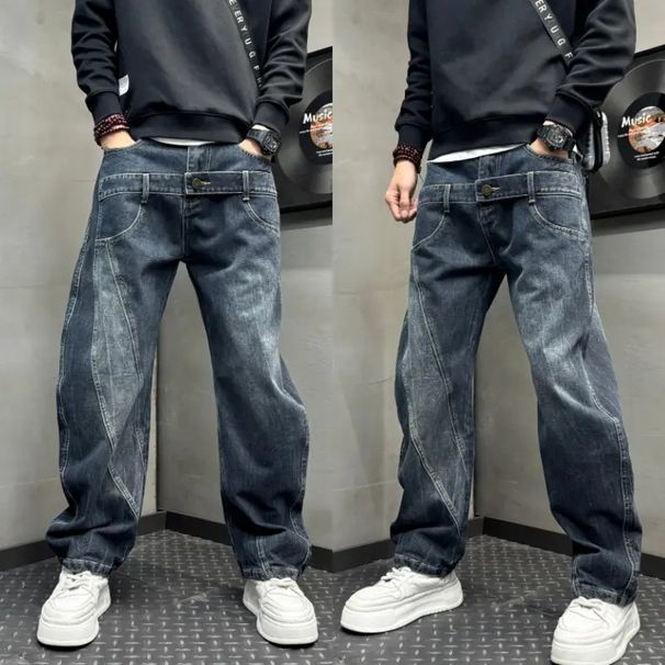 Men's Clothing Retro Patchwork Men's Jeans Trendy Loose Fit Straight Leg Cool Casual Wide Leg Curved Blade Design_mkmklike.com
