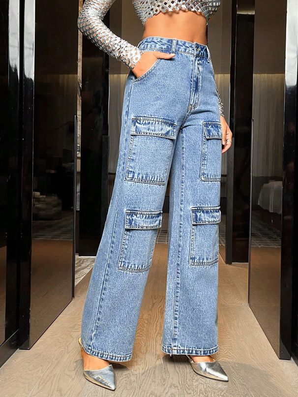 Vintage Wash Straight Leg Jeans – Oversized Pocket Non-Stretch Denim Pants For Women (XS-XL)_mkmklike.com