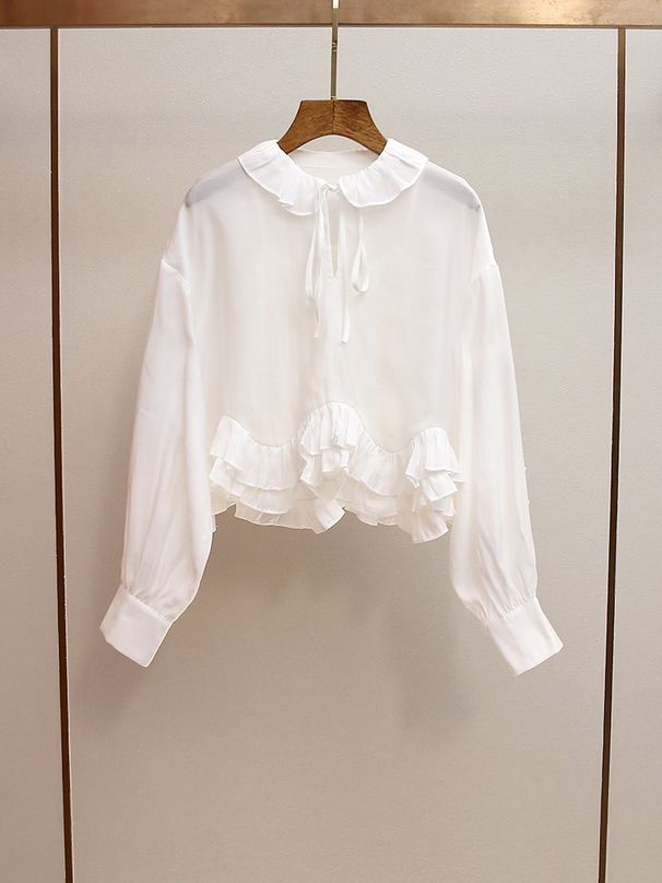 Chicco Shenzhen Nanyou High-End Women's Fashion Autumn New French Commuter Doll Collar Ruffle Trim Patchwork Mesh Blouse Top_mkmklike.com