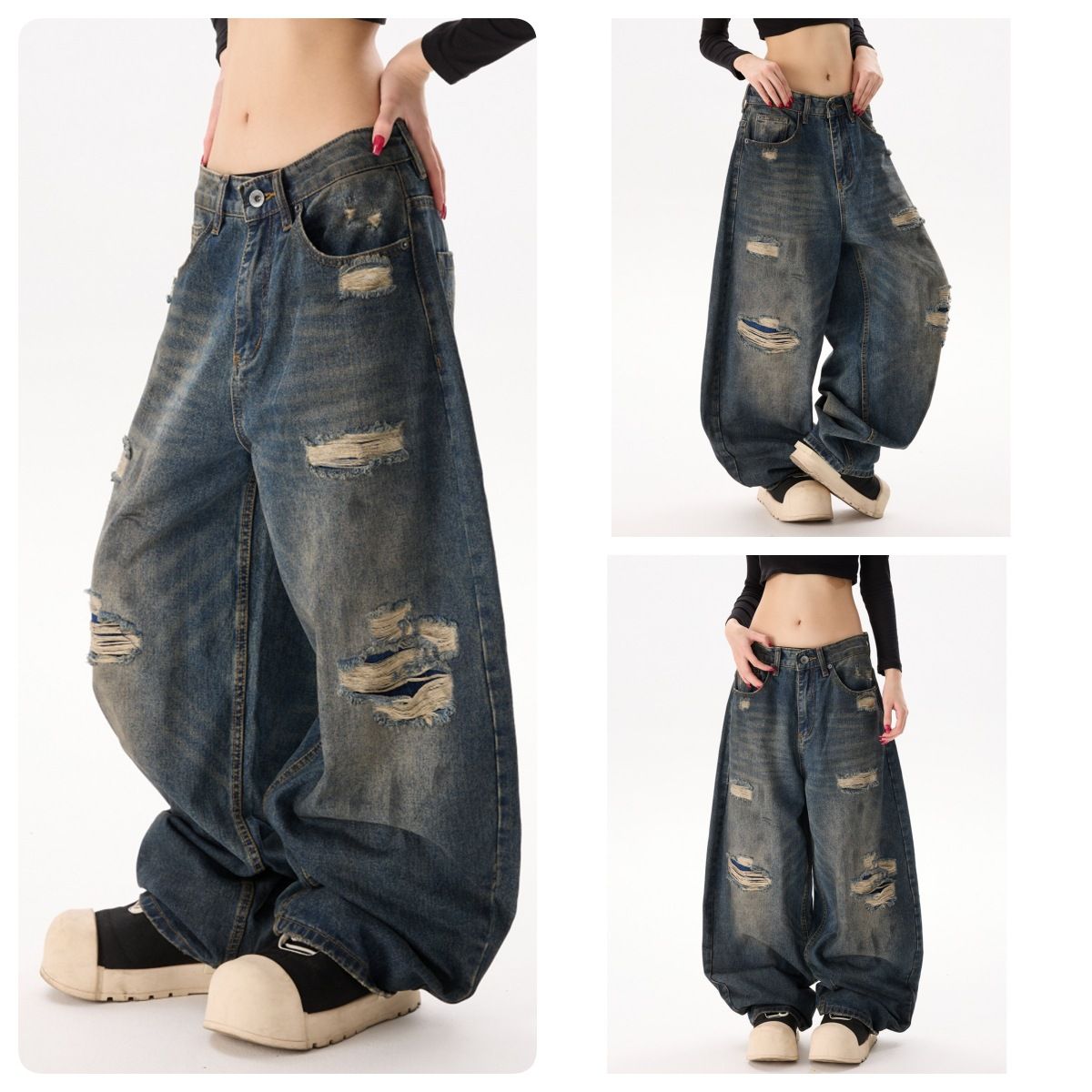 Men's Clothing Streetwear Destroyed Jeans – Vintage Washed Denim With Artistic Rips & Patchwork (Unisex Straight-Leg, Non-Stretch Cotton)_mkmklike.com