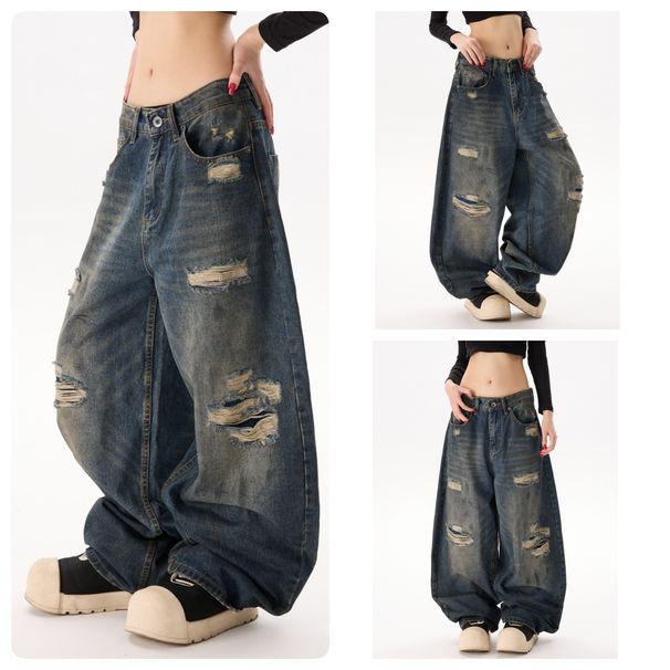 Men's Clothing Streetwear Destroyed Jeans – Vintage Washed Denim With Artistic Rips & Patchwork (Unisex Straight-Leg, Non-Stretch Cotton)_mkmklike.com
