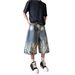 Men's Clothing Unisex High Street Lightning Bolt Pattern Denim Capri Shorts Street Style Over The Knee Mid Length Loose Wide Leg Trendy_mkmklike.com