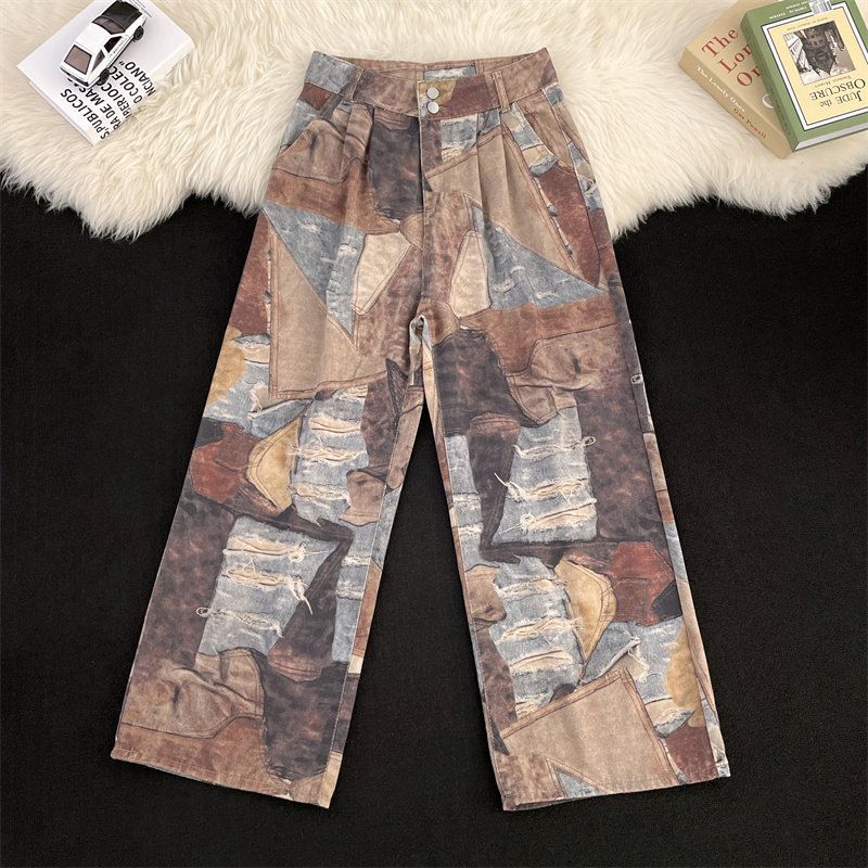 Nordic Inspired Niche Design Wide Leg Jeans, Unisex, Distressed Straight Leg Casual Trousers, Floor Length Pants._mkmklike.com