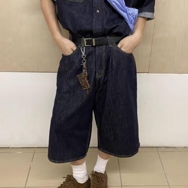 Summer New Short Sleeve Unisex American Style Trendy Brand Cool Denim Shirt With Cropped Shorts Set_mkmklike.com