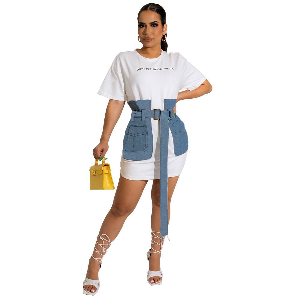 Waist Waisted Round Neck Color Block Denim Shirt Chic Casual Mid-length_mkmklike.com