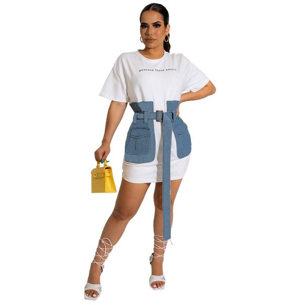 Waist Waisted Round Neck Color Block Denim Shirt Chic Casual Mid-length_mkmklike.com