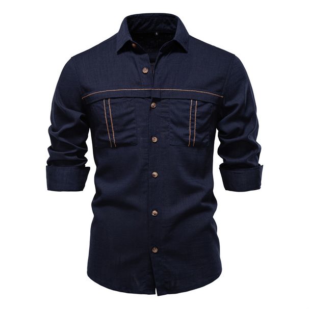 Men's Clothing New Men's Casual Shirt Size Solid Color Pocket Decoration Long Sleeve Shirt Men_mkmklike.com