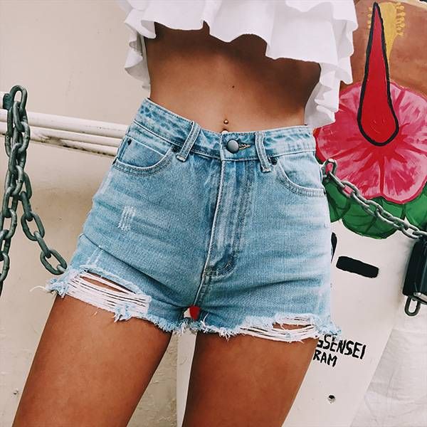 Women's Clothing Retro Classic Style Side Slit Ripped Cat Claw High Waist Denim Shorts Hot Pants_mkmklike.com