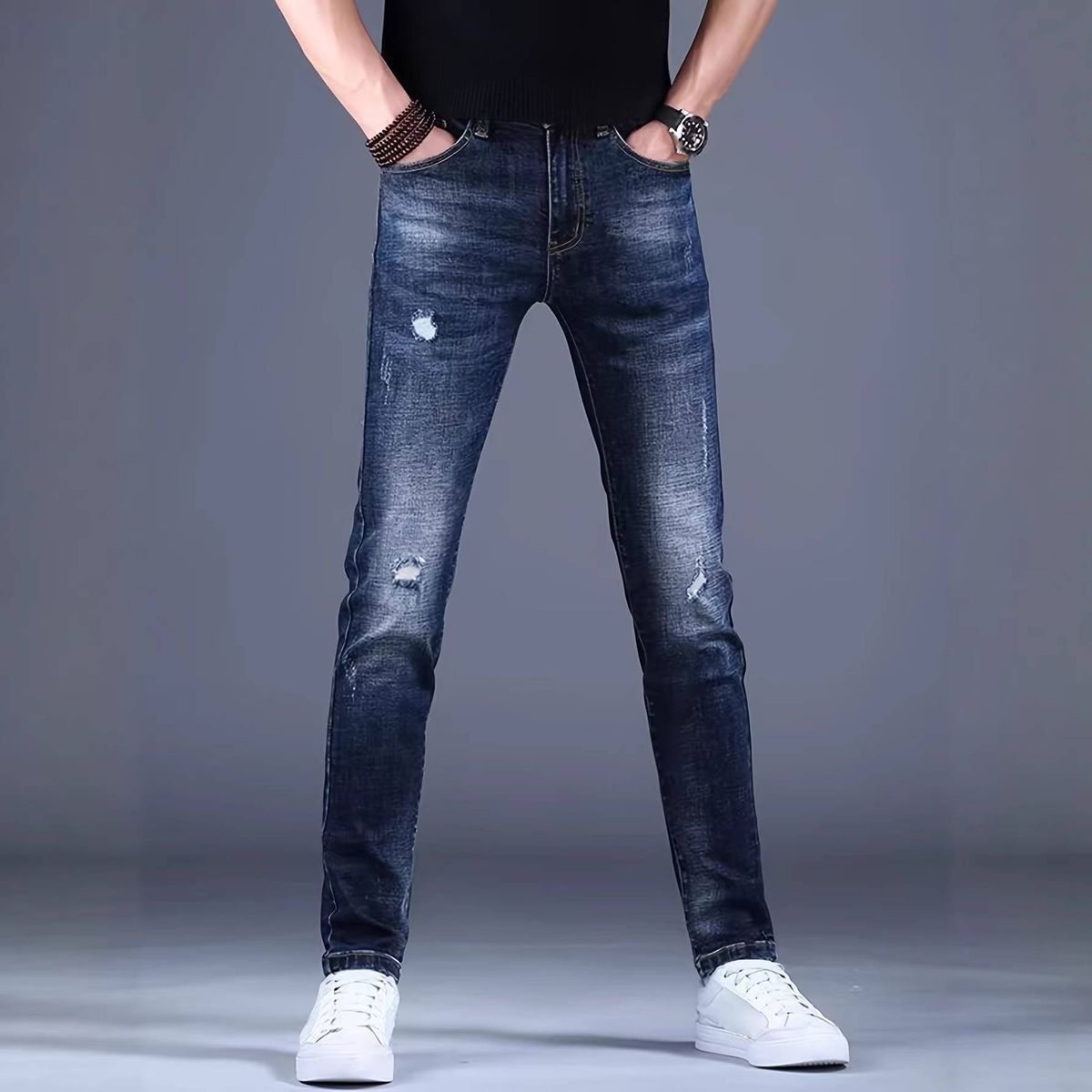 Men's Slim Fit Stretch Ripped Jeans Dark Blue Multi-Layered Distressed Skinny Denim Mid Waist Simple Design_mkmklike.com