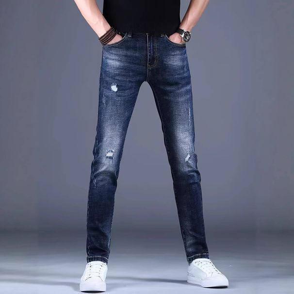 Men's Slim Fit Stretch Ripped Jeans Dark Blue Multi-Layered Distressed Skinny Denim Mid Waist Simple Design_mkmklike.com