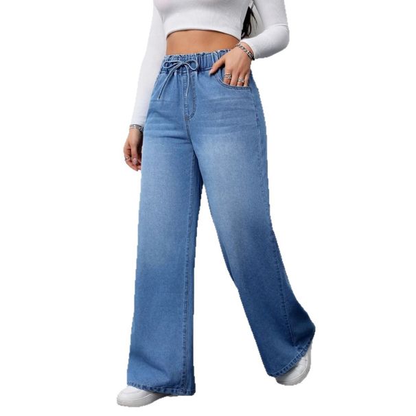 Vintage Light Blue High-Waisted Wide-Leg Jeans For Women – Relaxed Fit With Adjustable Drawstring Waist & Retro Stitching_mkmklike.com