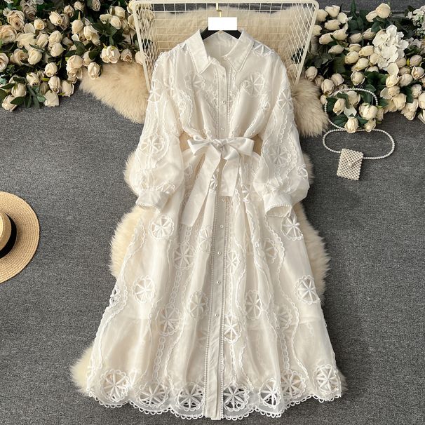 Women's fashion hollow flower breasted slim-fit mid-length version puffy sleeve dress_mkmklike.com