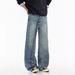 Unisex Retro Distressed Washed Straight Leg Jeans Design Slanted Placket Button Trousers Loose Floor Length_mkmklike.com