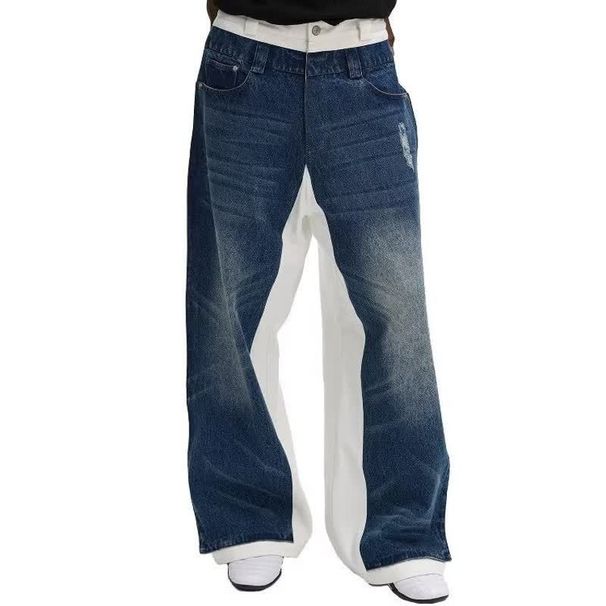 Streetwear Distressed Denim Jeans For Men – Blue & White Patchwork Straight-Leg Pants With Cat Whisker Detailing (S-3XL)_mkmklike.com