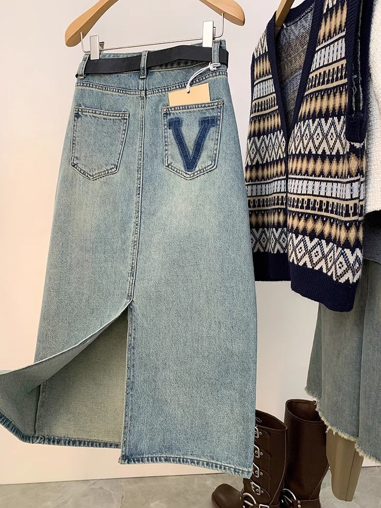 Women's Clothing Early Spring Light Blue Back Slit Skirt Denim Skirt Women New High Waist Slim Fit Medium Length Hip Skirt_mkmklike.com