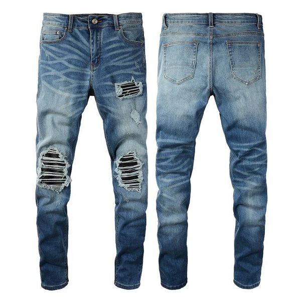 Men's Clothing Washed Cat Whisker Wrinkled Hole Patchwork Leather Elastic Slim Fit Skinny Jeans_mkmklike.com