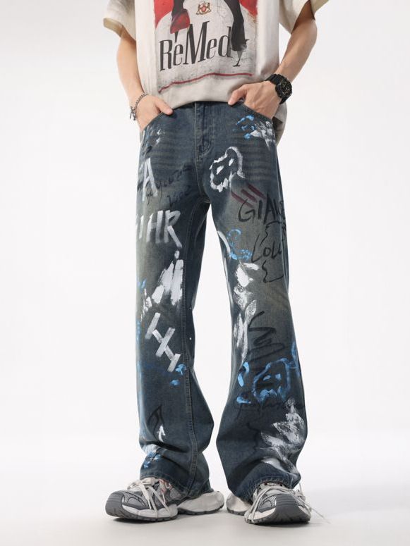Men's Splatter Paint Washed Jeans – Vintage Loose Straight Leg Denim Pants With Artistic Drip Design (S-XXL)_mkmklike.com