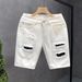 Patch Ripped Denim Trendy Brand Loose Straight Five Quarter Pants Men's Summer Thin White Casual Shorts_mkmklike.com