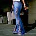 Cross-border, Vintage Dark Blue, Embroidered Jeans Women, Mid-high Waist, Extended Length, Floor-length Flared Pants For_mkmklike.com