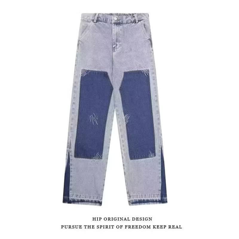 2025 New Style High Waisted Color Blocked Casual Wide Leg Denim Pants For Men Versatile, Loose Fit, Slimming, Floor Length Pants_mkmklike.com