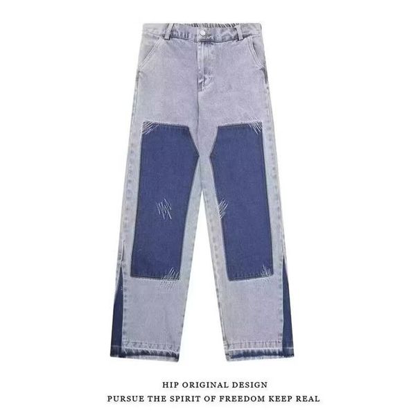 2025 New Style High Waisted Color Blocked Casual Wide Leg Denim Pants For Men Versatile, Loose Fit, Slimming, Floor Length Pants_mkmklike.com