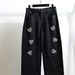 Women's Loose Straight Leg Denim Pants Trendy Brand Black Washed Wide Leg Rhinestone Heart Detail Autumn Fashion_mkmklike.com