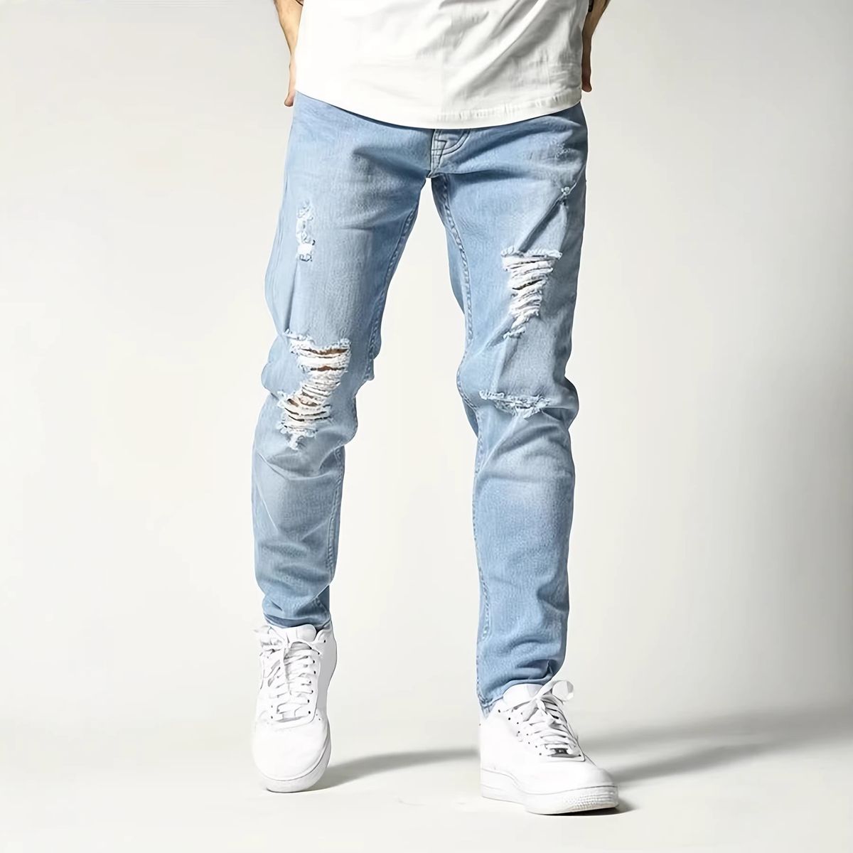Men's Straight Fit Skinny Jeans - Classic Blue Denim Pants With Distressed Details For Streetwear Style_mkmklike.com