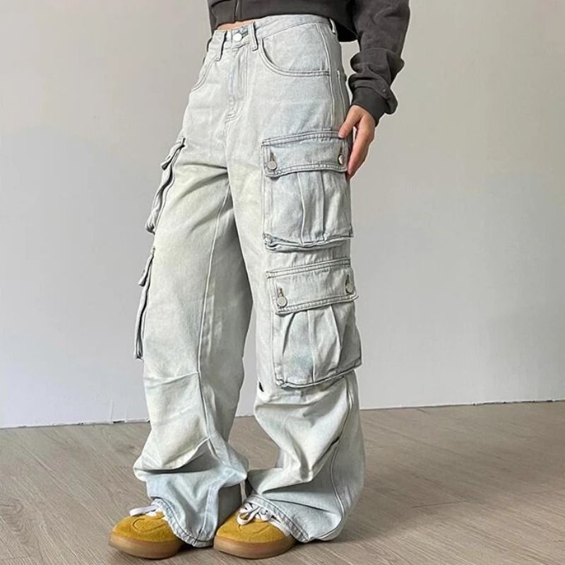 Women's Clothing Retro Multi Pocket Jeans For Women Y2k High Street Straight Overalls Wide Leg Trousers Casual Pants_mkmklike.com