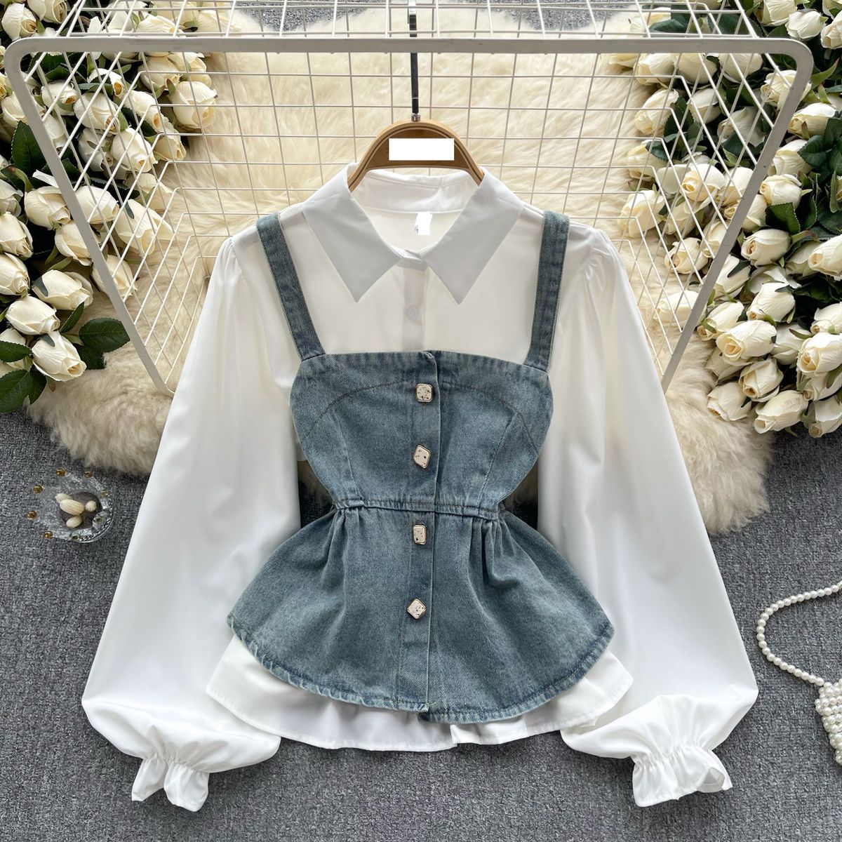 Women's Clothing Korean retro denim camisole vest fashionable layered 1 age reducing puff sleeve shirt two piece top for women spring_mkmklike.com