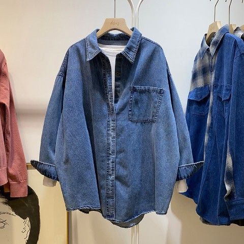 Women's Clothing Early Autumn Retro Blue Denim Shirt Jacket Autumn And Winter Layered Inner Shirt Chic Tops_mkmklike.com
