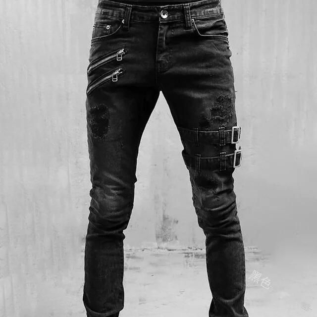 Motorcycle Style Trendy Stretch Skinny Jeans_mkmklike.com